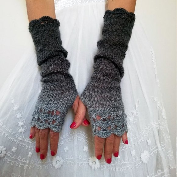 Midnight Shadows Handmade Knit Fingerless Long Gloves Ombre Grey to Black - Picture 7 of 7